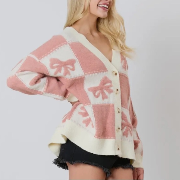 Jane Bow Check Sweater ✨ 3D Bow and Square Pattern Oversized Cardigan - Picture 8 of 8